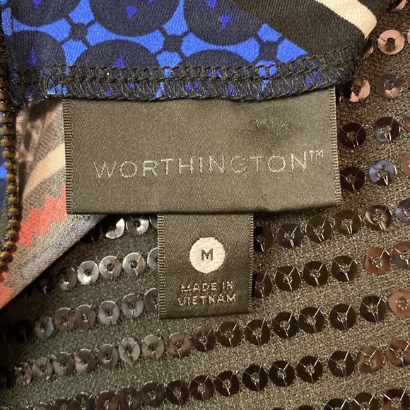 Worthington geometric print shift dress crossover front exposed zipper back M - Picture 3 of 10